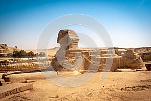 The full profile of the Great Sphinx with the pyramid in the background in Giza. Egypt.
