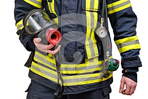 Full protective breathing mask in hand of unrecognized firefighter