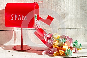 Full red mailbox of spam problem abstract on white background