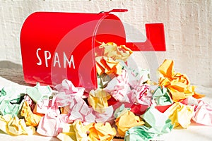 Full red mailbox of spam problem abstract on white background