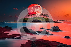 Full red moon over tropical island landscape