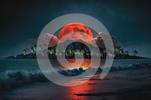 Full red moon over tropical island landscape