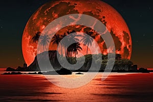 Full red moon over tropical island landscape