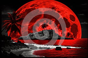 Full red moon over tropical island landscape