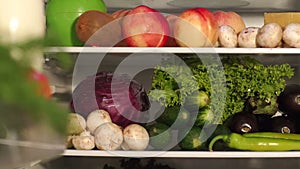 Full refrigerator of fresh healthy food. Slow mo.