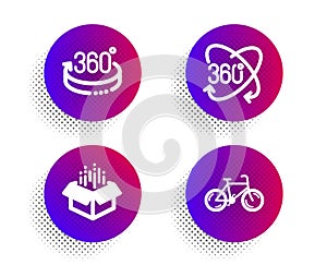 Full rotation, 360 degrees and Open box icons set. Bicycle sign. 360 degree, Full rotation, Delivery package. Vector
