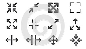 Full screen icon interface menu cursor bitton, application size control pointer. Web ui line navigation maximize or