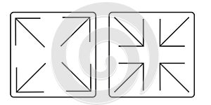 Full screen icon interface menu cursor bitton, application size control pointer. Web ui line navigation maximize or