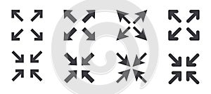 Full screen icon interface menu cursor bitton, application size control pointer. Web ui line navigation maximize or