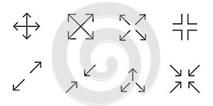 Full screen icon interface menu cursor bitton, application size control pointer. Web ui line navigation maximize or