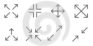 Full screen icon interface menu cursor bitton, application size control pointer. Web ui line navigation maximize or