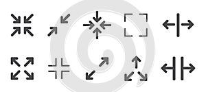 Full screen icon interface menu cursor bitton, application size control pointer. Web ui line navigation maximize or