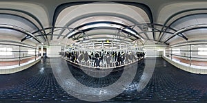 Full seamless 360 panorama inside of interior of cowshed with cows in equirectangular spherical projection. Breeding cows in free