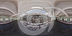 Full seamless 360 panorama inside of interior of empty cowshed without cows in equirectangular spherical projection. Breeding cows