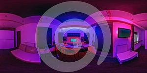 Full seamless hdr 360 panorama inside recording music studio with neon light in equirectangular spherical projection