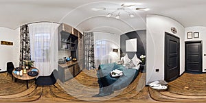 full seamless hdri 360 panorama in interior of guest living room hall with kitchen in studio apartment with bed table armchairs