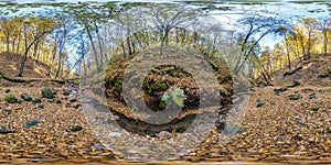 Full seamless hdri 360 panorama near mountain stream in tree-covered ravine in autumn forest equirectangular spherical projection