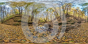 Full seamless hdri 360 panorama near mountain stream in tree-covered ravine in autumn forest in sunny day equirectangular