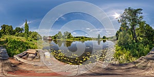 full seamless hdri 360 panorama view on wooden pier of influx river near abandoned landing stage debarkader in equirectangular