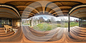 Full seamless hdri panorama 360 angle in interior of empty hall veranda with panoramic windows in wooden vacation homestead house