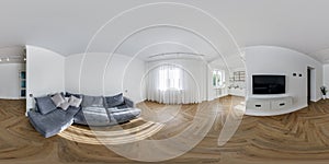 full seamless hdri 360 panorama in interior of guest living room hall with kitchen in studio apartment with table sofa and tv in