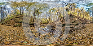Full seamless hdri 360 panorama near mountain stream in tree-covered ravine in autumn forest in sunny day equirectangular photo