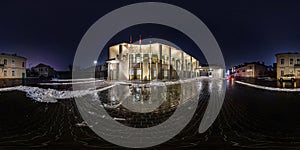 Full seamless night hdri panorama 360 degrees on street with illuminations near facade of modern building in old town in