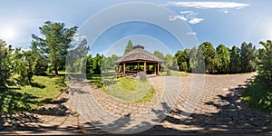 Full seamless panorama 360 by 180 angle view on gazebo in the park dendro in equirectangular equidistant projection, skybox VR photo
