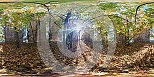 Full seamless spherical cube 360 by 180 degrees angle view panorama inside ancient abandoned destroyed stone tomb in autumn forest