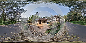 full seamless spherical hdr 360 panorama view among green street with cottages, villas and coconut trees in an indian tropic