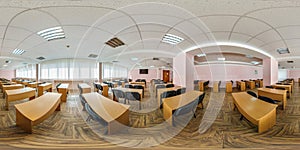 Full seamless spherical hdr 360 panorama view in modern empty classroom, conference and lecture hall in equirectangular projection