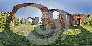 full seamless spherical hdri 360 panorama inside ruined abandoned church with arches without roof in equirectangular projection