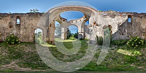 full seamless spherical hdri 360 panorama inside ruined abandoned church with arches without roof in equirectangular projection