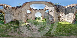 full seamless spherical hdri 360 panorama inside ruined abandoned church with arches without roof in equirectangular projection