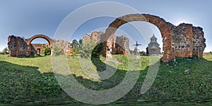 full seamless spherical hdri 360 panorama inside ruined abandoned church with arches without roof in equirectangular projection