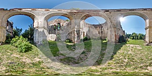 full seamless spherical hdri 360 panorama inside ruined abandoned church with arches without roof in equirectangular projection