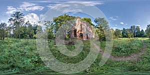 full seamless spherical hdri 360 panorama inside ruined abandoned church with arches without roof in equirectangular projection