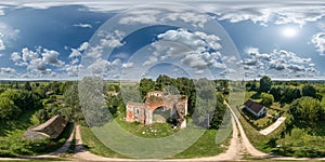 full seamless spherical hdri 360 panorama inside ruined abandoned church with arches without roof in equirectangular projection