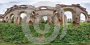 full seamless spherical hdri 360 panorama inside ruined church with brick wall without roof in equirectangular projection with