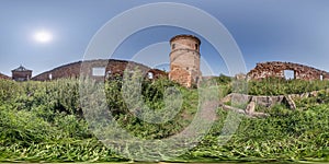 full seamless spherical hdri 360 panorama inside ruined tower and abandoned outbuildings in equirectangular projection with zenith