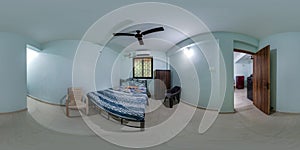 full seamless spherical hdri 360 panorama in interior of cheap bedroom guesthouse with blue walls and indian style with ceiling