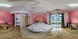 full seamless spherical hdri 360 panorama in interior of cheap bedroom guesthouse with pink walls and an indian style and access