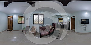 full seamless spherical hdri 360 panorama in interior of cheap hall with kitchen with blue walls and indian style with ceiling fan
