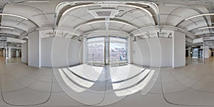 full seamless spherical hdri 360 panorama in interior of empty white room with repair for office or store with panoramic windows