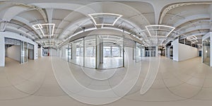 full seamless spherical hdri 360 panorama in interior of empty white room with repair for office or store with panoramic windows