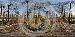 Full seamless spherical hdri 360 panorama view on concrete bridge with stones covered with green moss and forest near swamp in