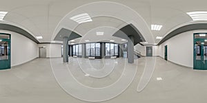 full seamless spherical hdri 360 panorama view in empty modern hall with columns, doors and panoramic windows in equirectangular