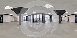 full seamless spherical hdri 360 panorama view in empty modern hall with columns, doors and panoramic windows in equirectangular