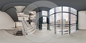 full seamless spherical hdri 360 panorama view in empty modern hall near panoramic windows with columns, staircase and doors in