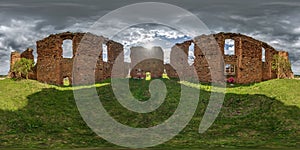 full seamless spherical hdri 360 panorama view at entrance to ruined church with brick wall in equirectangular projection with